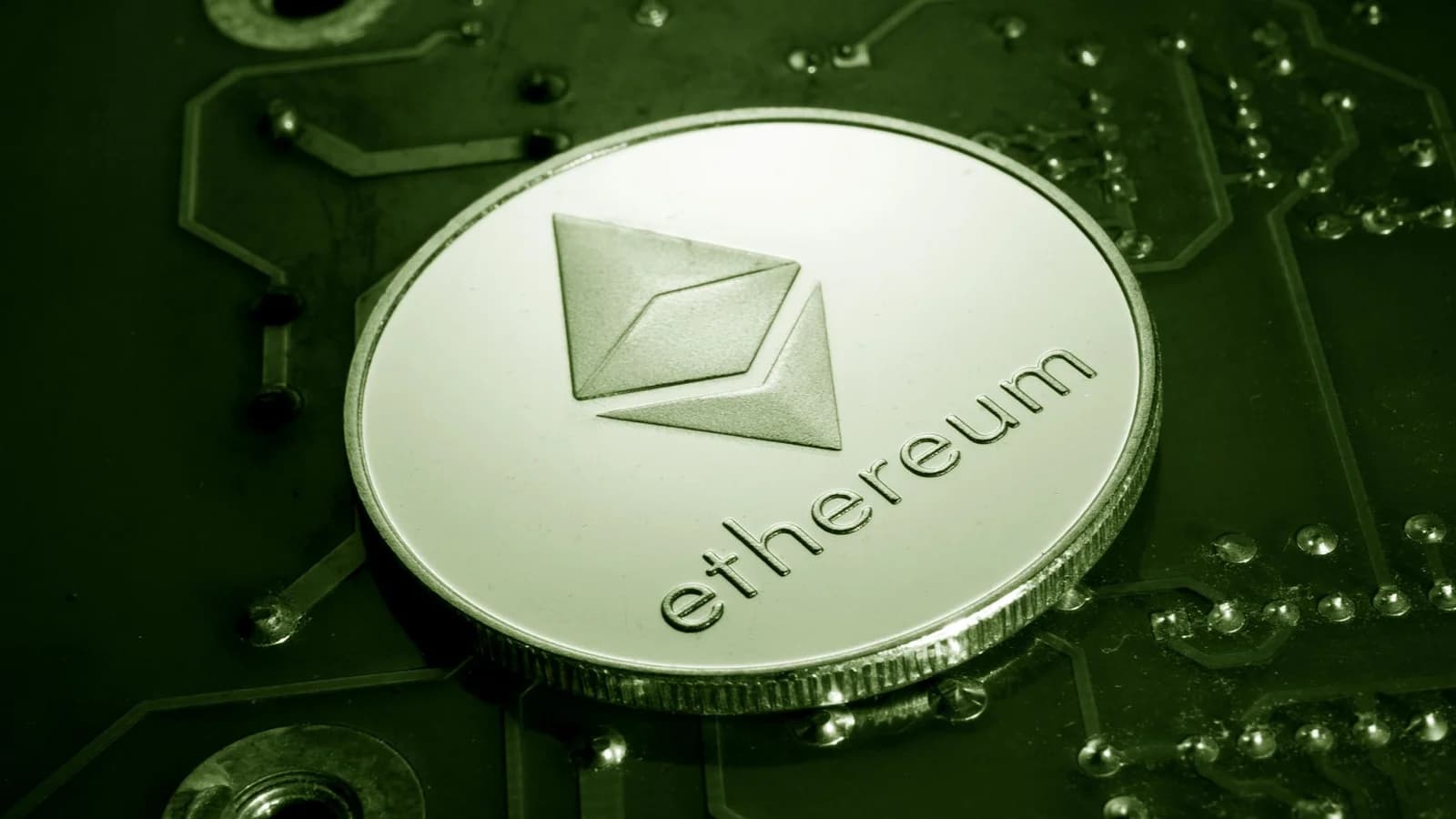 Ethereum coin placed on a circuit board
