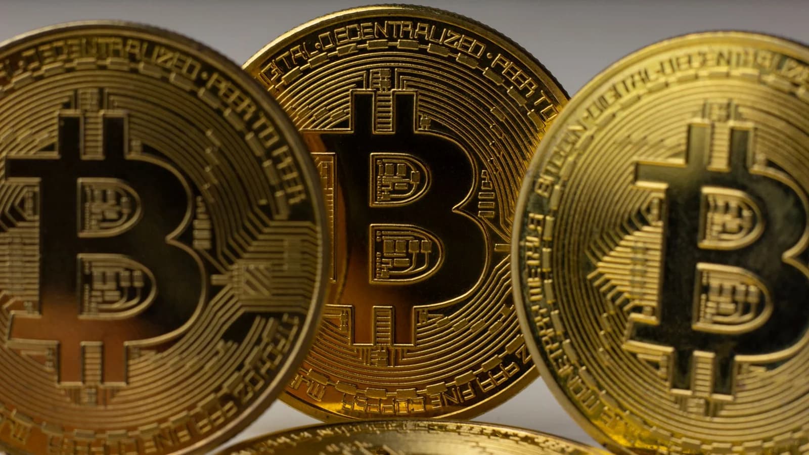 Detailed view of golden Bitcoin coins