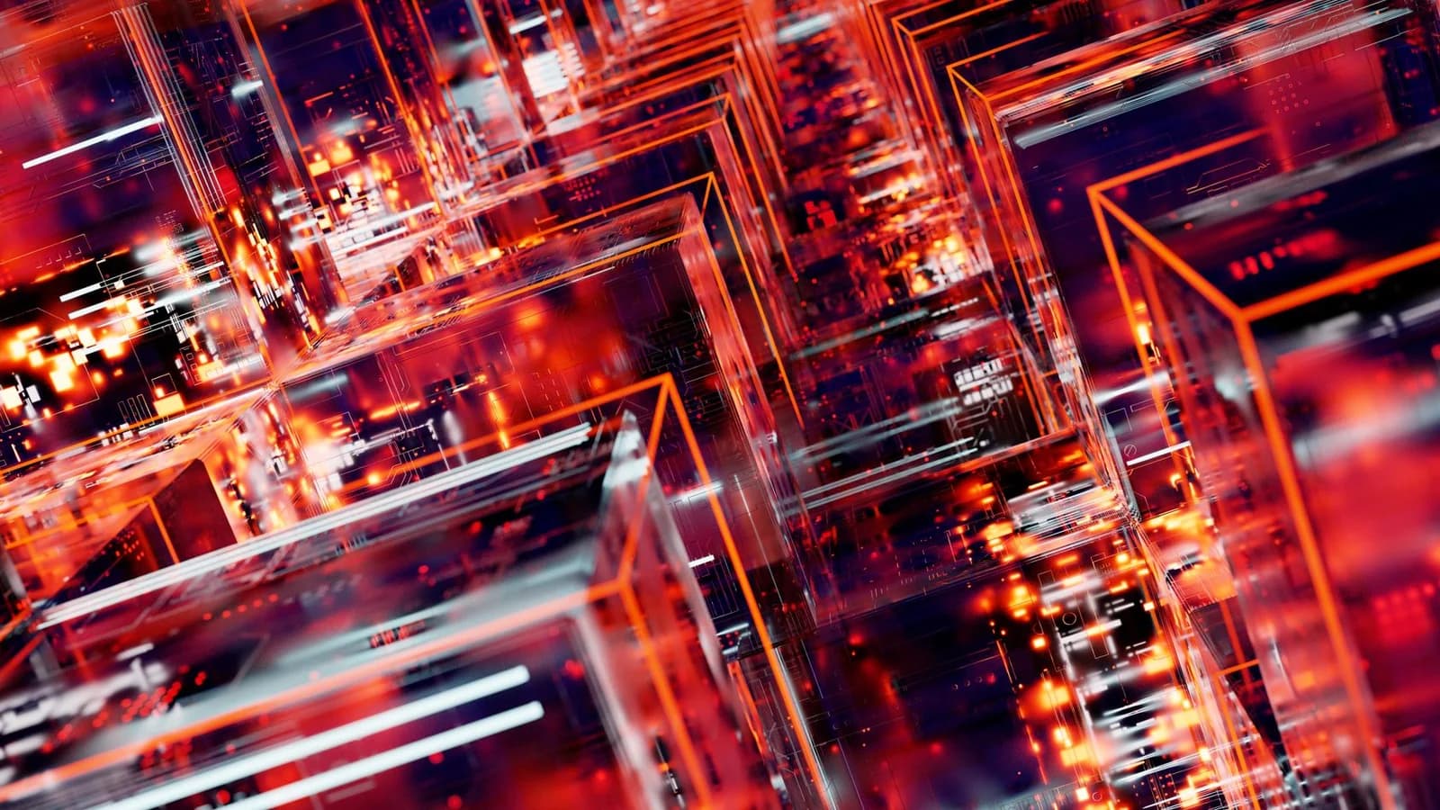 Vibrant abstract digital art featuring geometric blocks with LED light effects in a network pattern.
