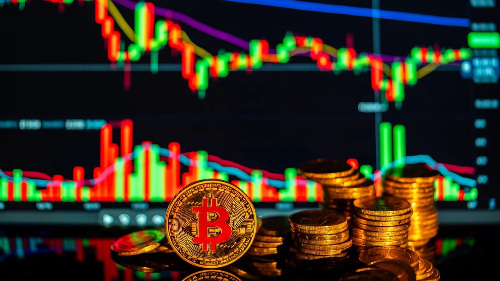 Golden bitcoins with financial growth charts illustrating investment opportunities in cryptocurrency.