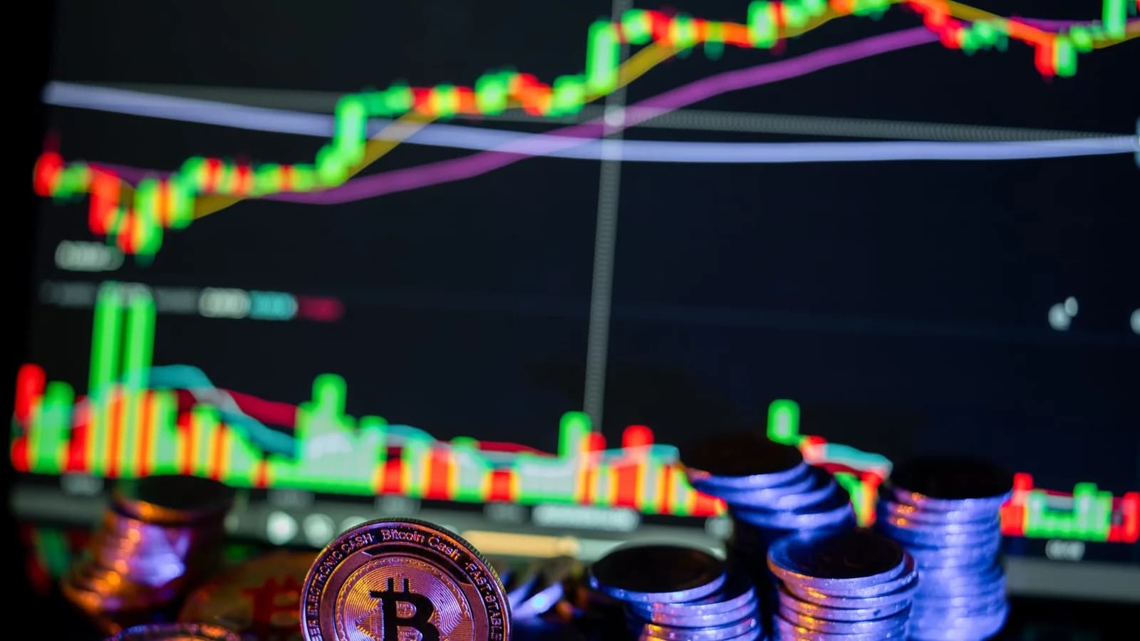 Golden Bitcoins in front of a financial graph, illustrating cryptocurrency markets and investment trends.