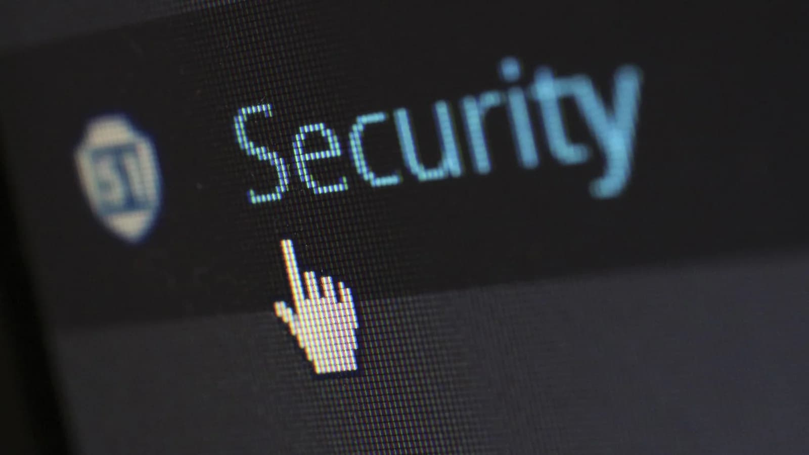 Close-up view of a mouse cursor over digital security text on display.