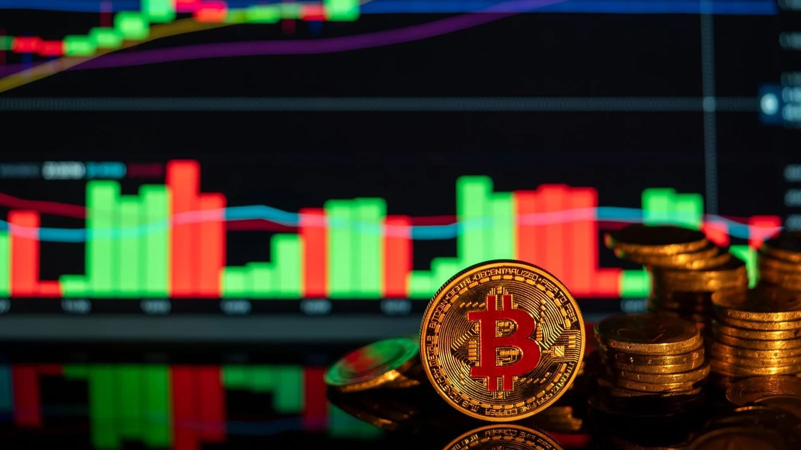 Close-up of Bitcoin coins against a rising financial graph, showcasing cryptocurrency market trends.