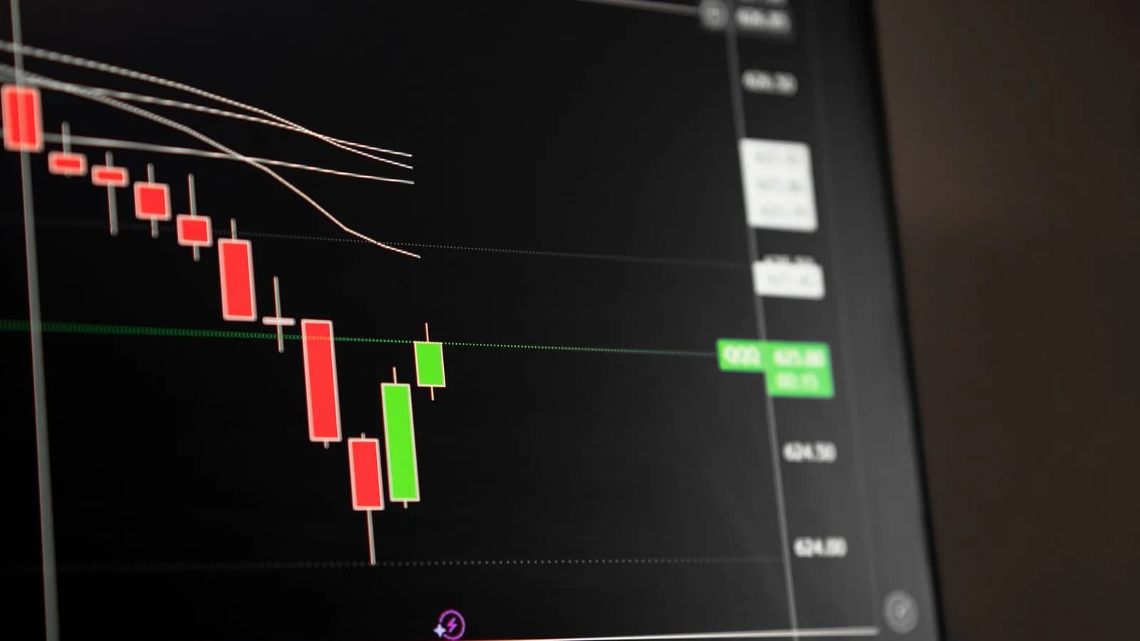 Candlestick chart showing a downward trend in the stock market analysis.